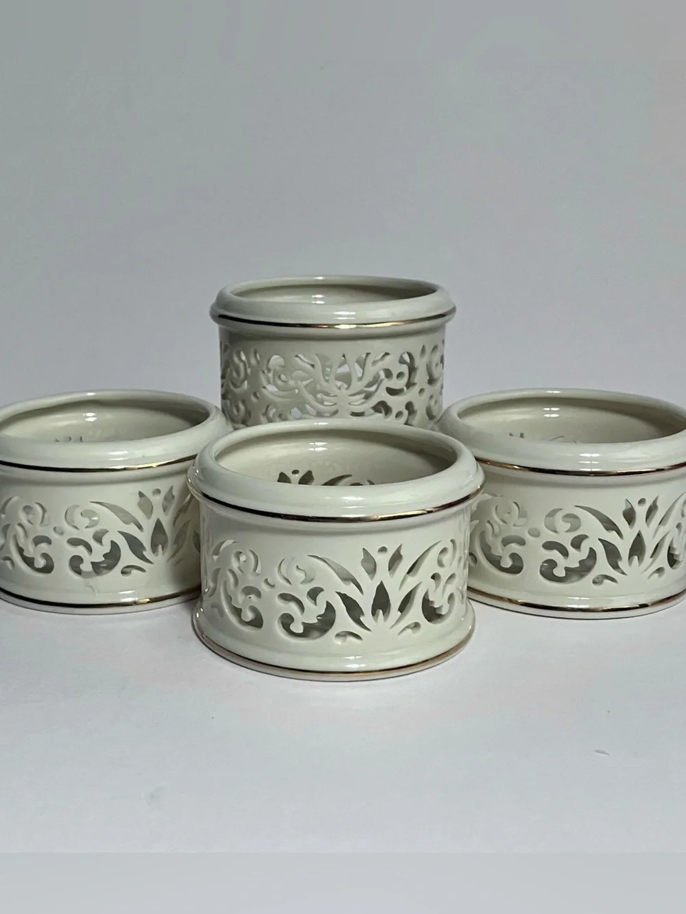 4 LENOX ILLUMINATIONS Pierced VOTIVE CANDLE HOLDERS / Elegant IVORY BONE CHINA